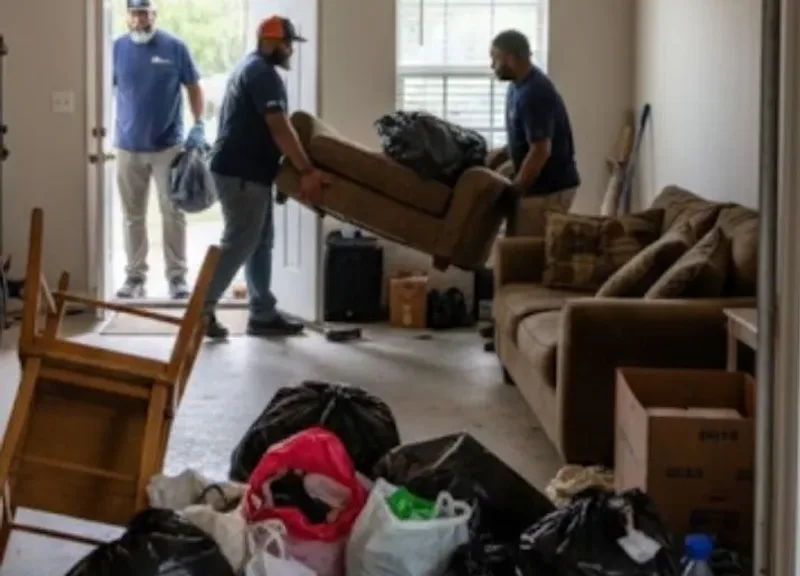 GoGo Junk Removal team inside home lifting armchair during residential cleanout with trash bags on floor