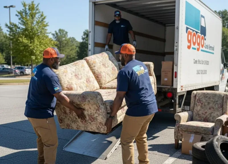 GoGo Junk Removal crew loading floral sofa and furniture onto white branded truck