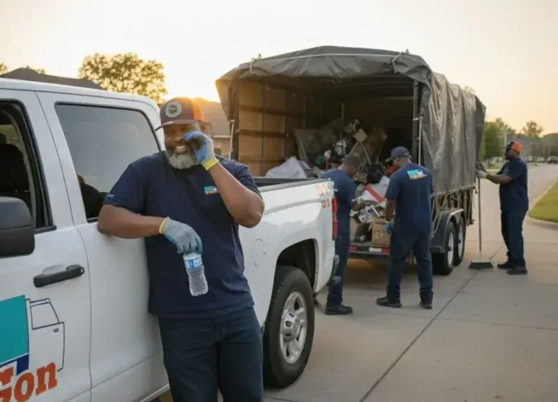 Four GoGo Junk Removal crew members at sunset near white truck and loaded trailer after completing job